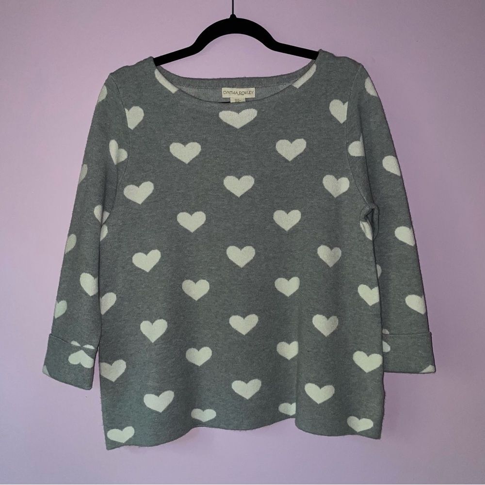 NEW Cynthia Rowley M Sweater Heart Novelty Print 3/4 Sleeve